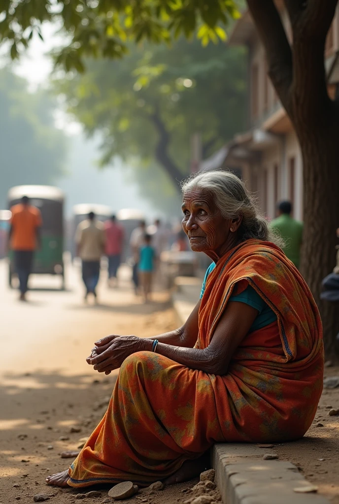 Old indian women crying on road