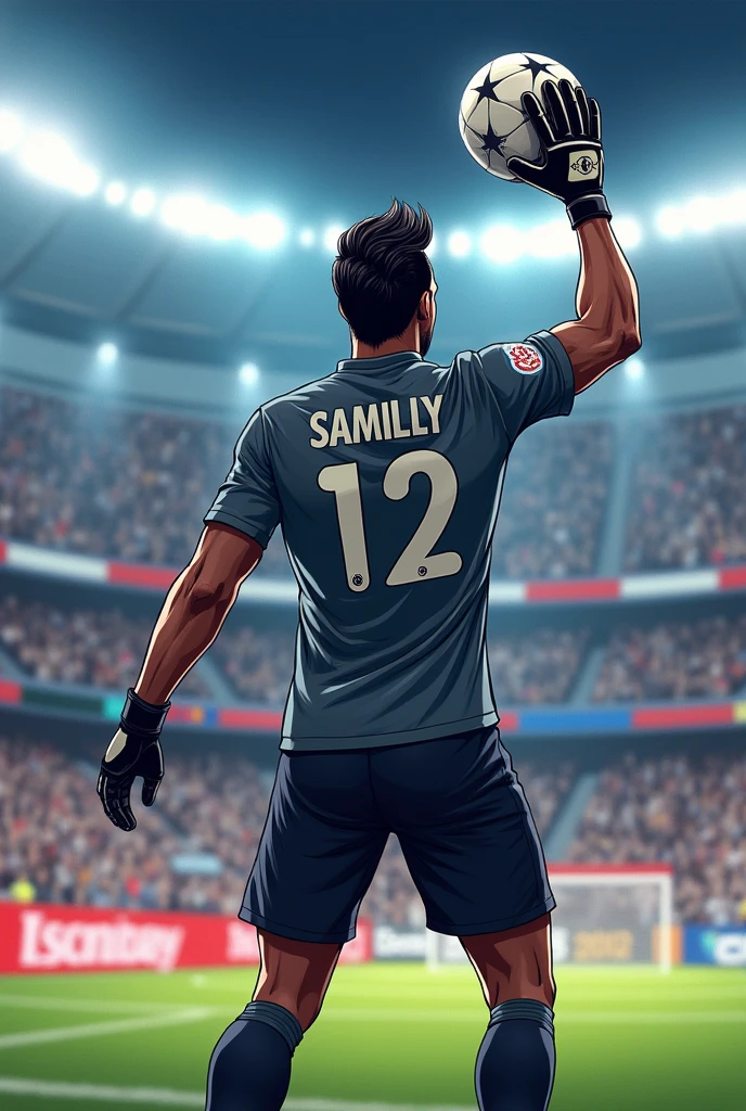 Illustration of a goalkeeper with brown skin, from behind, slickedback hair, long and black with gray shirt number 12 written SAMILLY and black pants and glove catching a ball