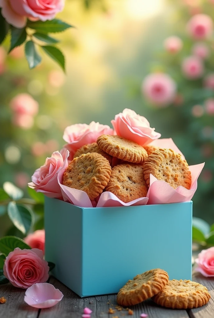 Sky blue box with a large crumbl cookies rose