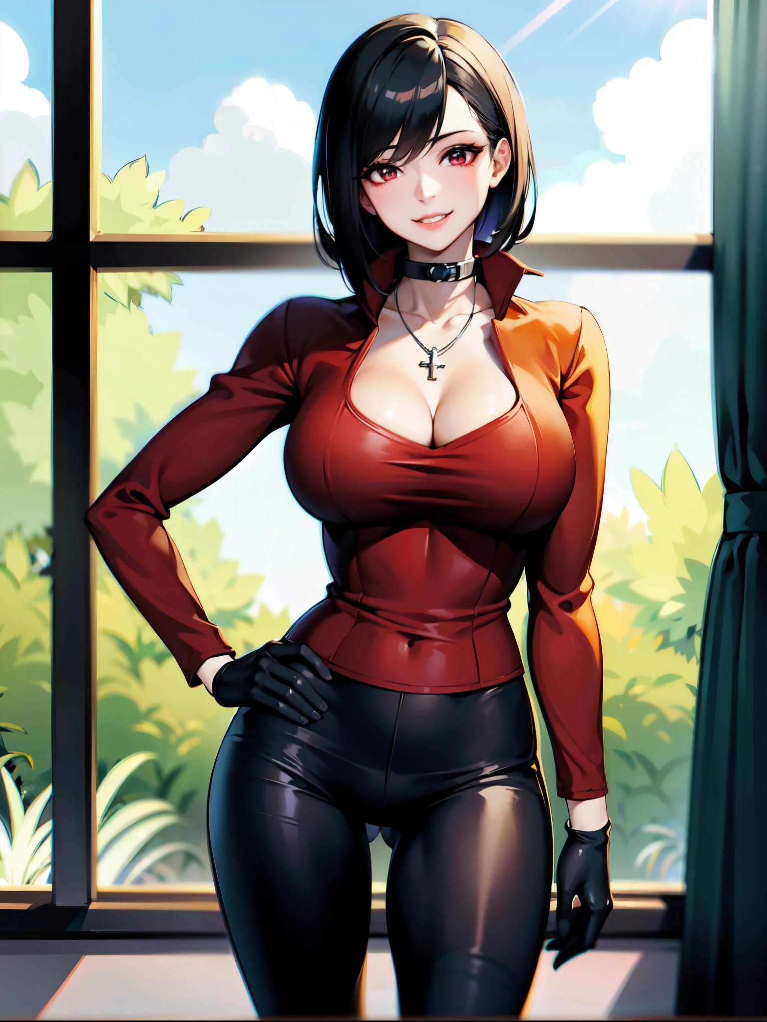 ((super high quality,Ultra-high resolution,4K,8k,super masterpiece,Ultra HD))By the window in the morning sun, ((A sexy mature woman,)),((popped collar Red shirts,(Sleeves folded back to the elbow,(Black long gloves)),Black pants with a glossy finish,Black long boots),Tight collar,)Black hair straight short,Sharp Eyes,Open chest,Cleavage,slouch,Place one hand on hip,Provocative smile,Necklace with a cross,sexy,