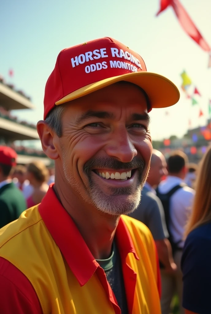 A grinning man wearing a cap that reads 'Horse Racing Odds Monitor'