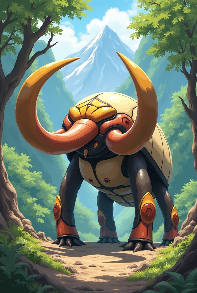 Chat create for me an image of a pokemon with the following descriptions Name: Mamubug Type: insect/Land Description: Mamubug is a powerful Pokémon with the robust body of a beetle., covered by a shell that mixes ivory tones with brown details, dark gray and burnt yellow. Your trunk, similar to that of a mammoth, is one of its most striking features, extending from the front of the body to perform powerful attacks or manipulate objects. On the top of your head, a large horn projects majestically, used both for defense and for displays of force. His legs are strong and thick, allowing you to move with firmness and agility over the most rugged terrain.

demeanor: This Pokémon is known for its protective and imposing nature.. Although he is friendly to those he considers allies, can become extremely ferocious when threatened. It is often found in mountainous regions and caves., where it uses its trunk and horn to dig and defend its territory.

skills:

Mammoth Strength: Increases the power of physical attacks.
Hard carapace: Reduces damage from critical hits received.
Earth Charge (hidden skill): Increases resistance to Ground-type moves.
Mamubug would be an interesting addition to the Pokémon universe, with its imposing appearance and skill combinations.