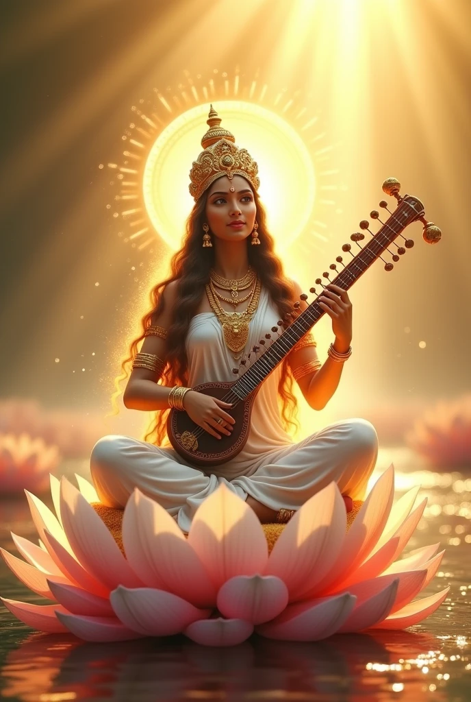 Goddess Saraswati (wearing white clothes, holding a Veena in her hand, a crown on her head, sitting on a lotus flower, giving Asirvad from her right hand, bright light emanating from her body)