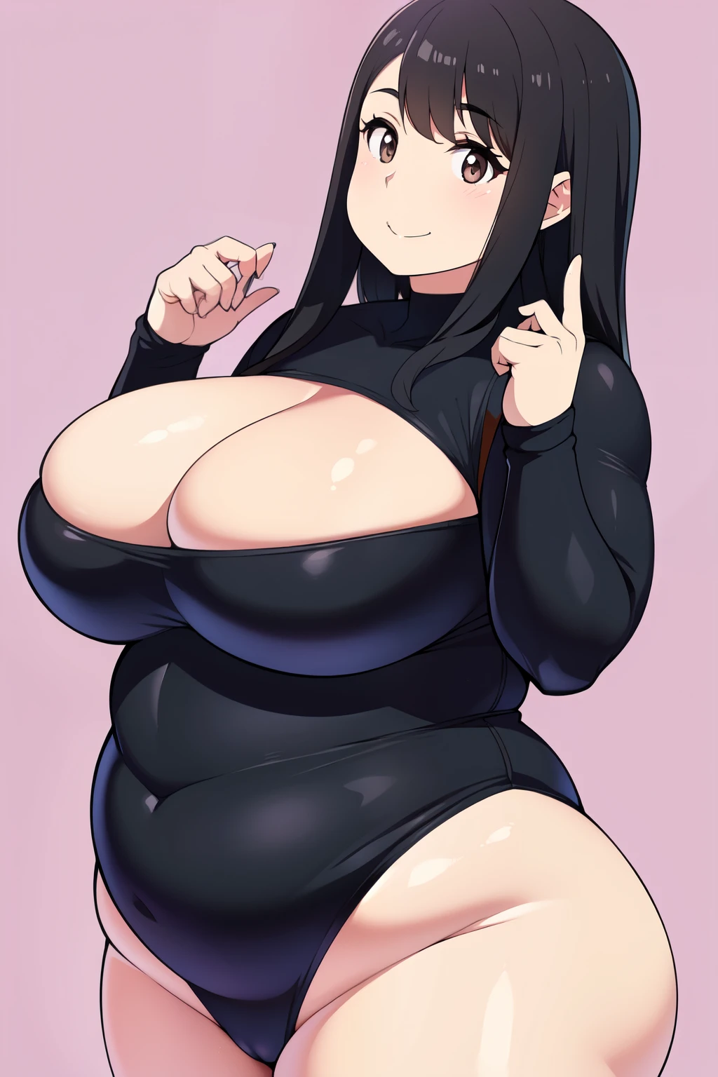 Plump  21 big breasts black hair brown eyes chubby smile bear girl black leotard longer hair