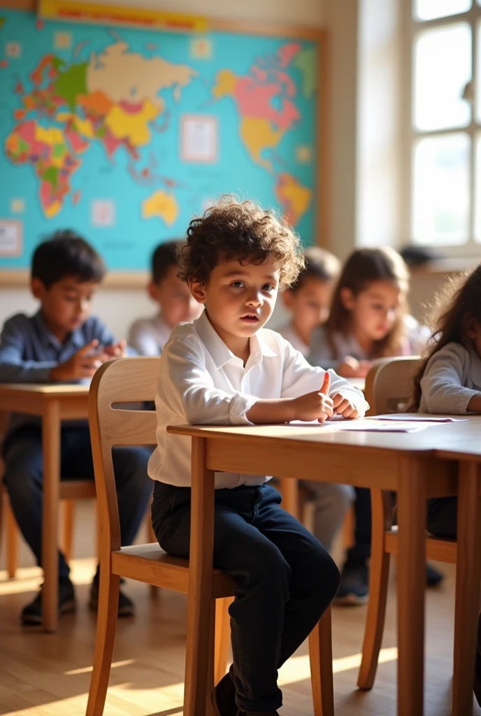 A Pakistani black kid sitting at a chair in a classroom