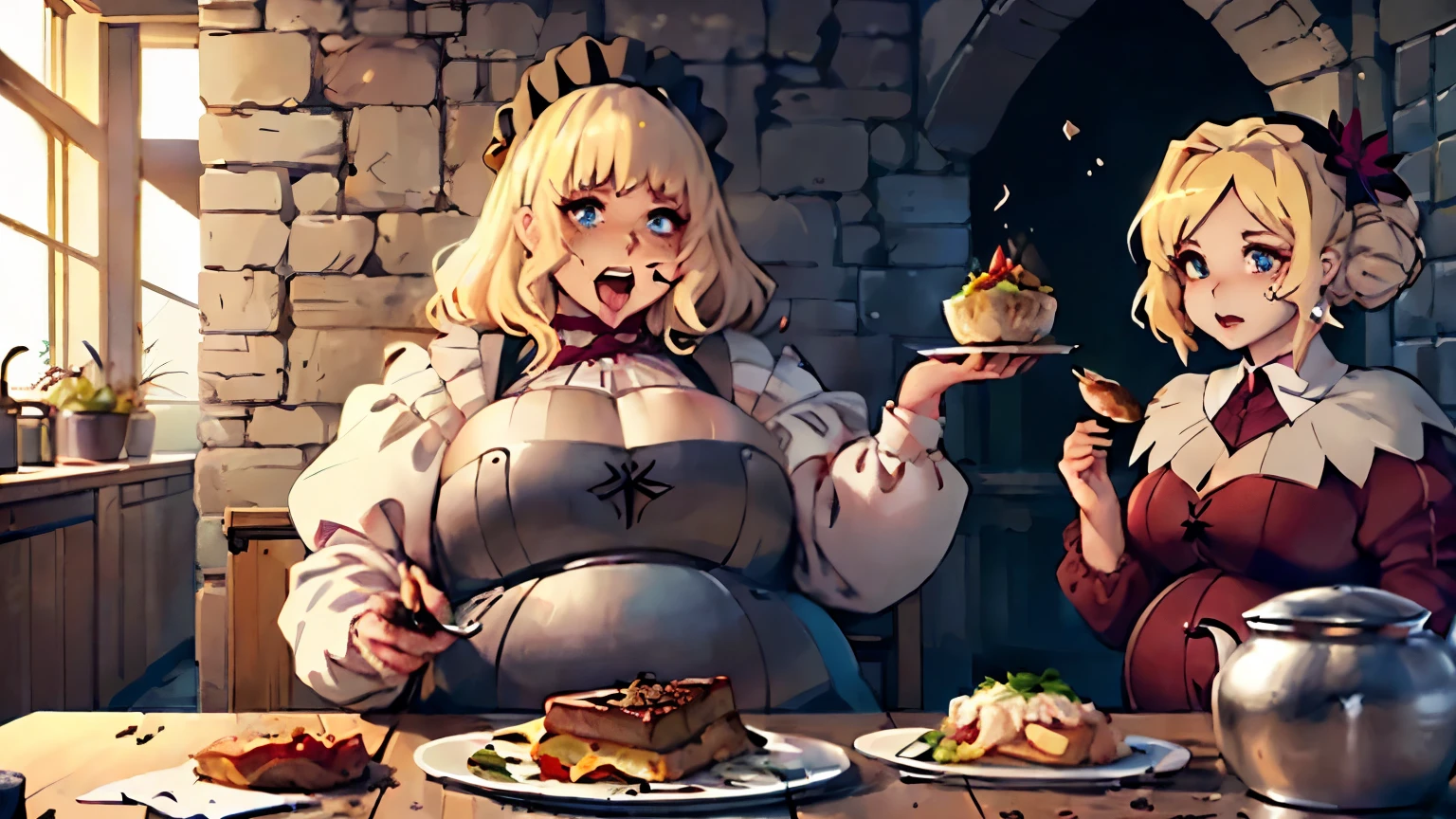 ((best quality)), ((masterpiece)), (detailed), ((1girl)), ((anime)), ((peasant girl)), (( dark fantasy)), ((blue eyes)), ((blonde)), ((dirty peasant apparel)), ((happy)), ((medieval)), ((high quality face)), ((stand)), ((royal kitchen background)), ((royal kitchen taster)), ((realize getting fat)), ((food)), ((gluttony emotion)), ((feed by ogre))