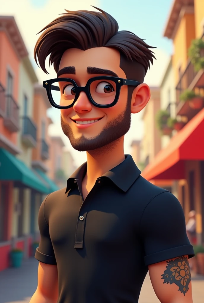 Cartoon character of a man with black glasses and a black polo shirt, straight hair, With a beard and an old school tattoo on his arm., animation character, stylized character, animation style rendering, 3D stylized, Arnold Maya rendering, Render 3D stylized, Toon render keyshot, 3D character, 3D character, Stylized 3D rendering, 3d character rendering, cartoon character, Close-up character, Character pose, (pixar style) (master part:1.2) (bokeh) (Best Quality) (detailed skin) (detailed texture) (8k) (clay) (cinematic lighting) (sharp focus