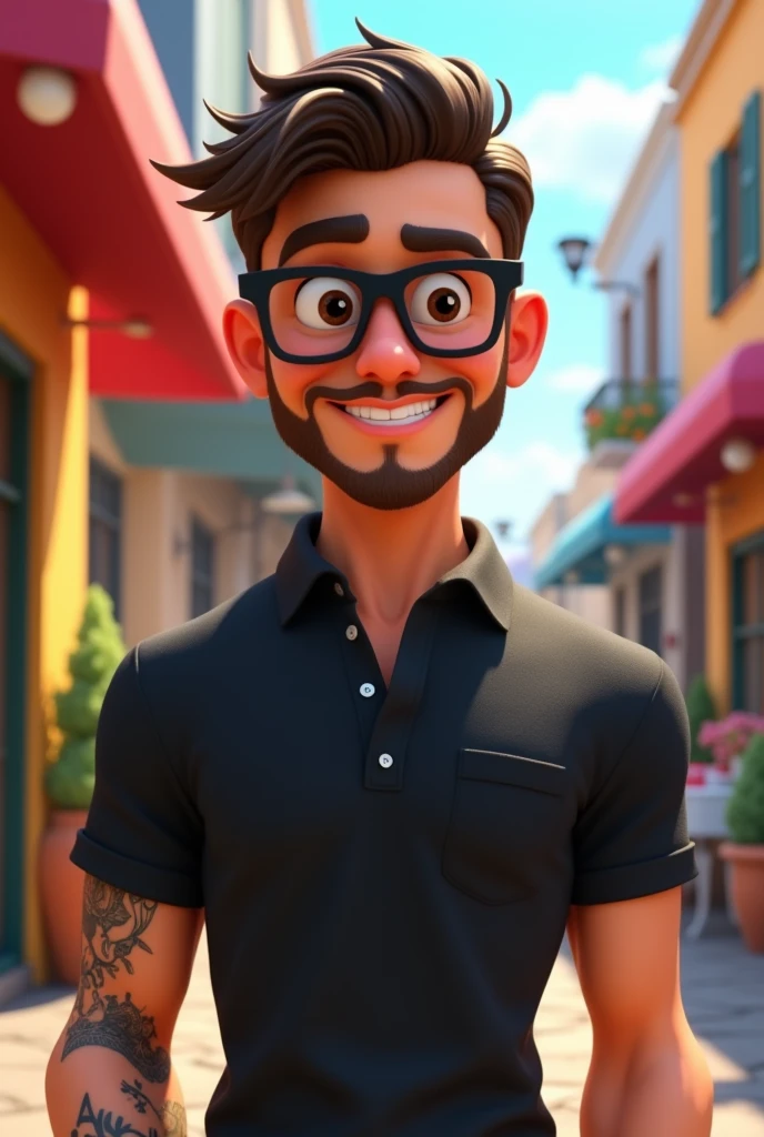 Cartoon character of a man with black glasses and a black polo shirt, straight hair, With a beard and an old school tattoo on his arm., animation character, stylized character, animation style rendering, 3D stylized, Arnold Maya rendering, Render 3D stylized, Toon render keyshot, 3D character, 3D character, Stylized 3D rendering, 3d character rendering, cartoon character, Close-up character, Character pose,  (pixar style) (master part:1.2) (bokeh) (Best Quality) (detailed skin) (detailed texture) (8k) (clay) (cinematic lighting) (sharp focus