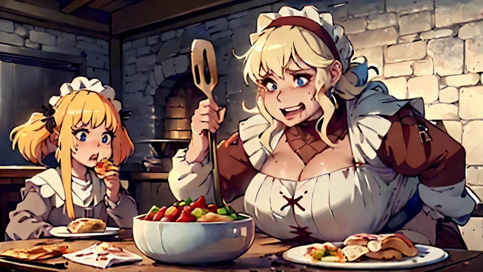 ((best quality)), ((masterpiece)), (detailed), ((1girl)), ((anime)), ((peasant girl)), (( dark fantasy)), ((blue eyes)), ((blonde)), ((dirty peasant apparel)), ((happy)), ((medieval)), ((high quality face)), ((stand)), ((royal kitchen background)), ((royal kitchen taster)), ((realize getting fat)), ((food)), ((gluttony emotion)), ((feed by ogre))