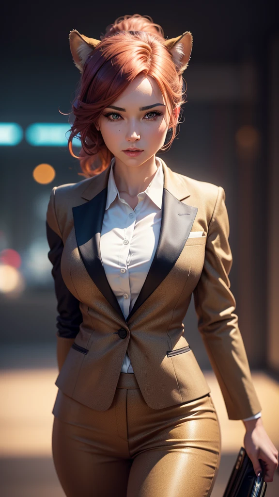 1 cheetah anthropomorphic female digital marketer in a suit, portrait, wearing business suit, blurry suburban home background, (best quality,4k,8k,highres,masterpiece:1.2),ultra-detailed,(realistic,photorealistic,photo-realistic:1.37),HDR,UHD,studio lighting,ultra-fine painting,sharp focus,physically-based rendering,extreme detail description,professional,vivid colors,bokeh,concept art