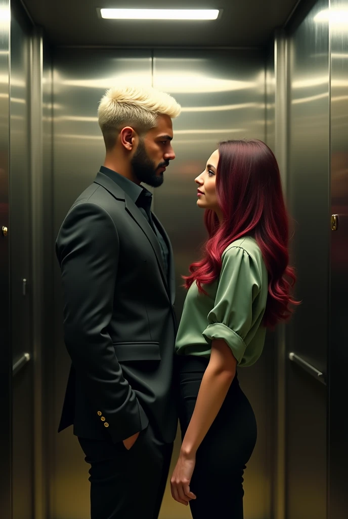 attractive Arab man (very tall:1.6), platinum blond wavy swept-back crew cut, dark skin, long black stubble, white lab coat, black t-shirt, black cargo pants, black boots, standing inside elevator next to a very short young Caucasian woman, vibrant maroon side-parted long wavy layered hair, soft green silk work blouse, low-rise black pants and black boots, hip shot, cinematic