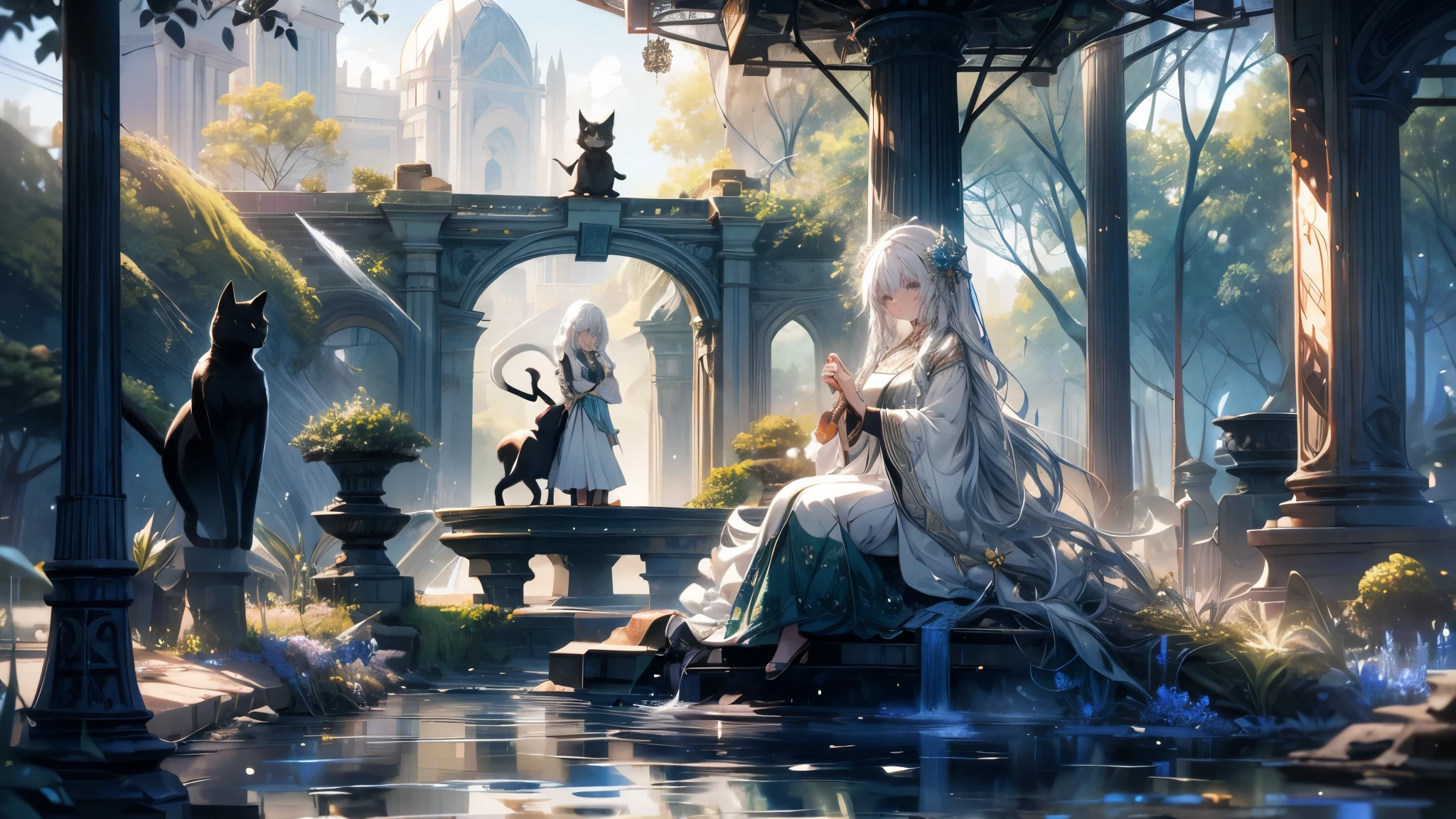 A woman is playing the flute.The woman has long white hair and is wearing a green dress.The girl is playing by the fountain in the park.A black cat is watching the girl play at her feet.