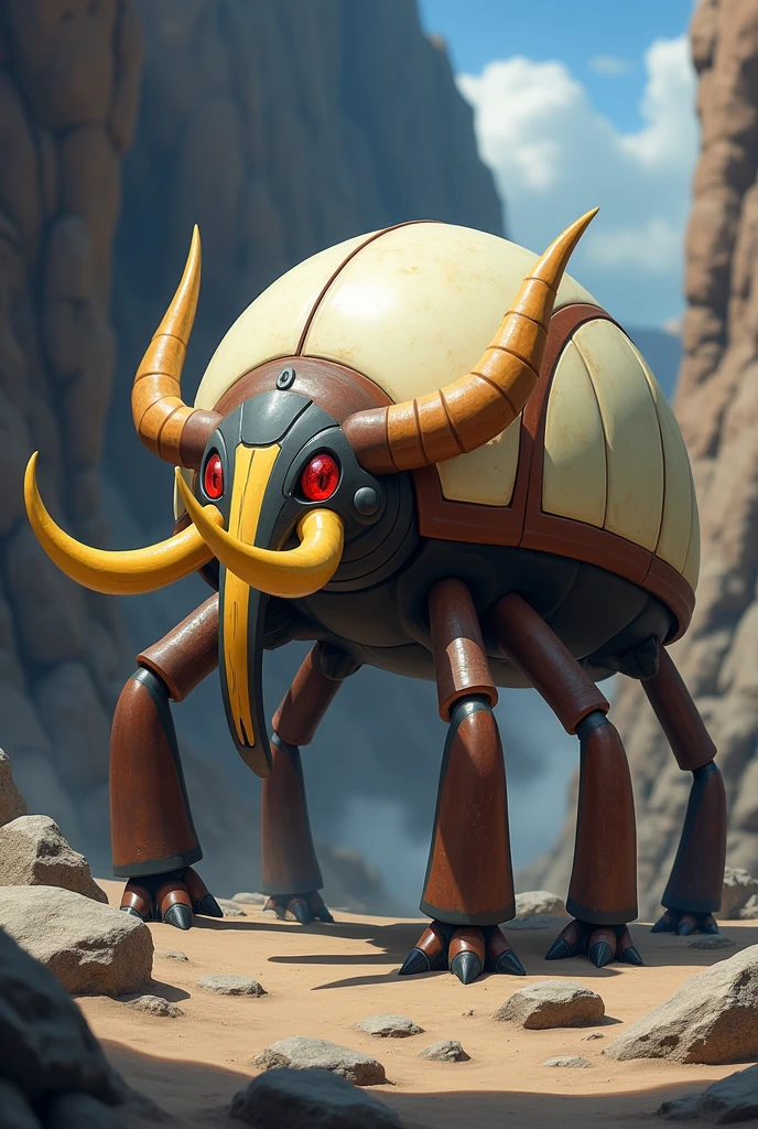 Chat create for me an image of a pokemon with the following descriptions Name: Mamubug Type: insect/Land Description: Mamubug is a powerful Pokémon with the robust body of a beetle., covered by a shell that mixes ivory tones with brown details, dark gray and burnt yellow. Your trunk, similar to that of a mammoth, is one of its most striking features, extending from the front of the body to perform powerful attacks or manipulate objects. On the top of your head, a large horn projects majestically, used both for defense and for displays of force. His legs are strong and thick, allowing you to move with firmness and agility over the most rugged terrain.
demeanor: This Pokémon is known for its protective and imposing nature.. Although he is friendly to those he considers allies, can become extremely ferocious when threatened. It is often found in mountainous regions and caves., where it uses its trunk and horn to dig and defend its territory.
skills:
Mammoth Strength: Increases the power of physical attacks.
Hard carapace: Reduces damage from critical hits received.
Earth Charge (hidden skill): Increases resistance to Ground-type moves.
Mamubug would be an interesting addition to the Pokémon universe, with its imposing appearance and skill combinations.