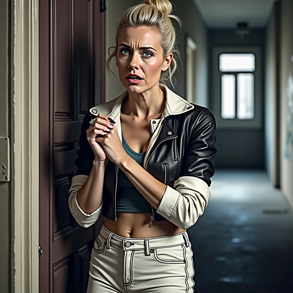 Old russian milf, platinum blonde hair in top bun ,with very light blue eyes, pale, heavy eye shadow s. Wearing black moto jacket, cropped rock t-shirt, black leather jeans and white tennis sneakers. Scared