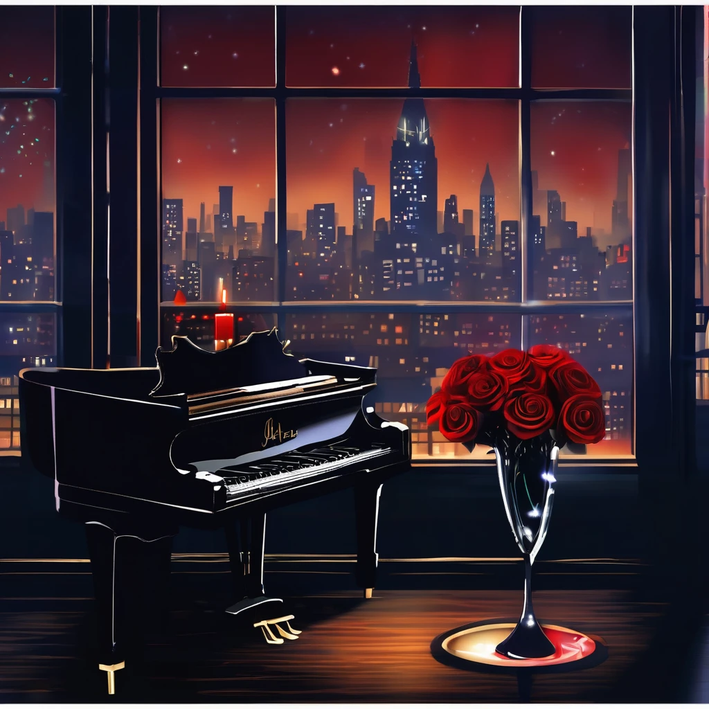 um lindo piano em um night club jazz, with a red rose on top. in the background tables with candles illuminate the night, through a window in the background you can see the city in fog. The atmosphere is light and contrasted, with an atmosphere of comfort and glamour