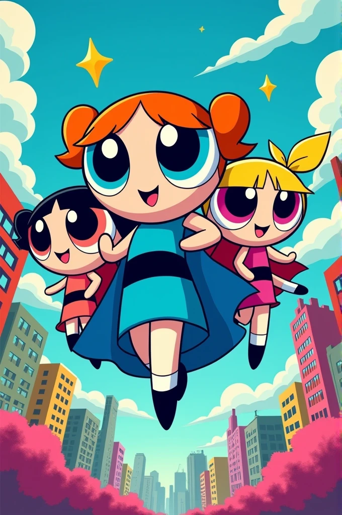 Generate Powerpuff Girls, including Powerpuff Girls with a blue dress