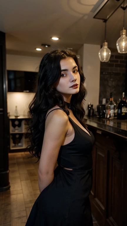 German, full body, , medium Black wavy hair, very large bust, black  lipstick, posing long from side in the photo, wearing Very Open a black sleeveless dress, she is a bar, full body