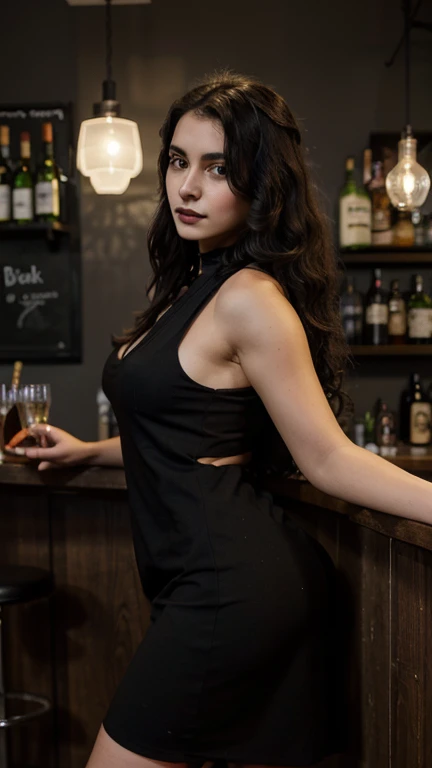 photograph of a dark-haired woman with windblown curls, her hair is intertwined, like a flame against the twilight sky., radiating unbridled beauty, big XL ,wearing traps, high resolution, best quality, cute, wearing eye make-up, showing buttockbikers bar,, big smile on her face, wearing pearl earrings, harley davidson ,