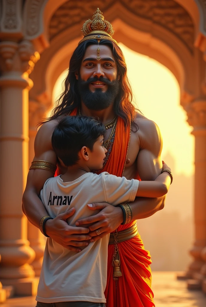 A boy wear whit t shirt name " Arnav" hug lord hanuman real hd pic 
