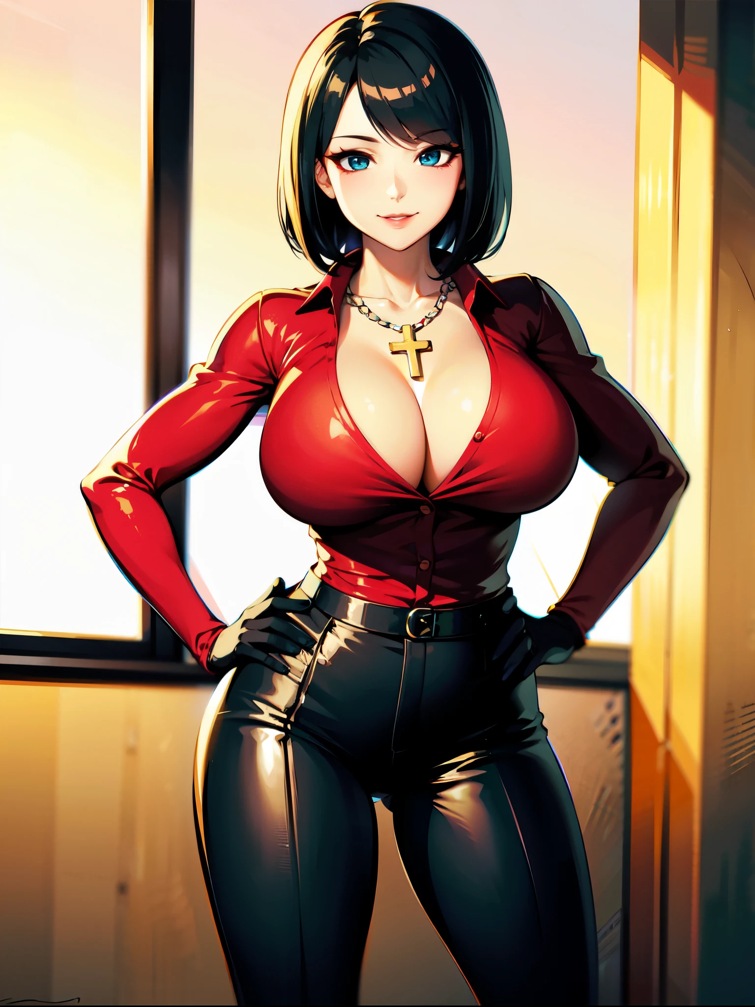 （（super high quality,Ultra-high resolution,4K,8k,super masterpiece,Ultra HD））By the window in the morning sun, （（A sexy mature woman,））,（（popped collar Red shirts,（Sleeves folded back to the elbow,（Black long gloves））,Black pants with a glossy finish,Black long boots）,Tight collar,）Black hair straight short,Sharp Eyes,Open chest,Cleavage,slouch,Place one hand on hip,Provocative smile,Necklace with a cross,sexy,