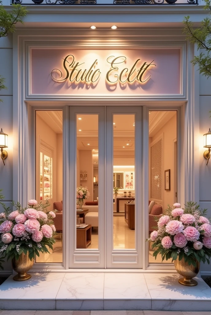 a beauty studio with hairdresser, manicure and eyelashes, pink tones and very elegant and large, Create the exterior entrance part, comma logo written Studio Eclat in the front