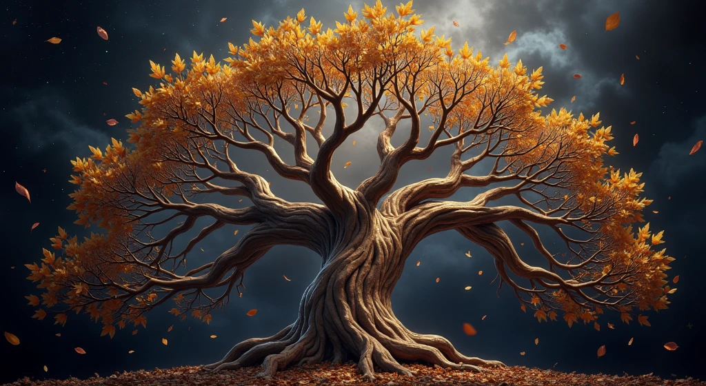 a loose tree with a black background and a sturdy tree, 3D golden and metallic leaves, autumn season, leaves falling, golden sacred tree, the tree of life, cosmic tree of life, ancient tree, Fantasy Tree, rich tree, highly detailed fine art, complex organic painting, highly detailed painting, the world tree, tree of life seed of doubt, cosmic tree, magic tree