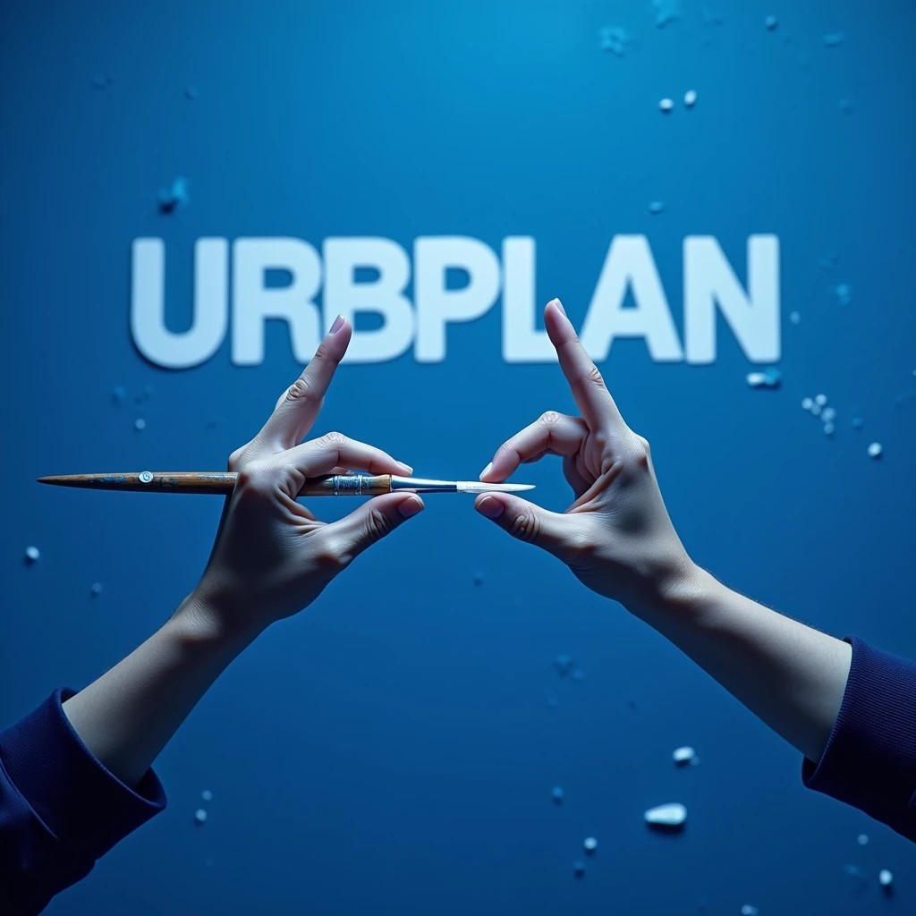 Visualize a realistic scene in 8K, focusing on two hands of the same person. One of the hands is holding a paintbrush stained with white paint, highlighting the painting activity, while the other hand is making a 'jewel' sign, like a gesture of satisfaction. Behind these hands, the wall is a deep dark blue, with the word 'URBPLAN' written in white, contrasting clearly with the dark background. The image is dominated by shades of blue, reflected both on the wall and on surrounding elements. The high resolution highlights the details of the white paint on the brush, the positive gesture of the hand and the clarity of the message written on the wall