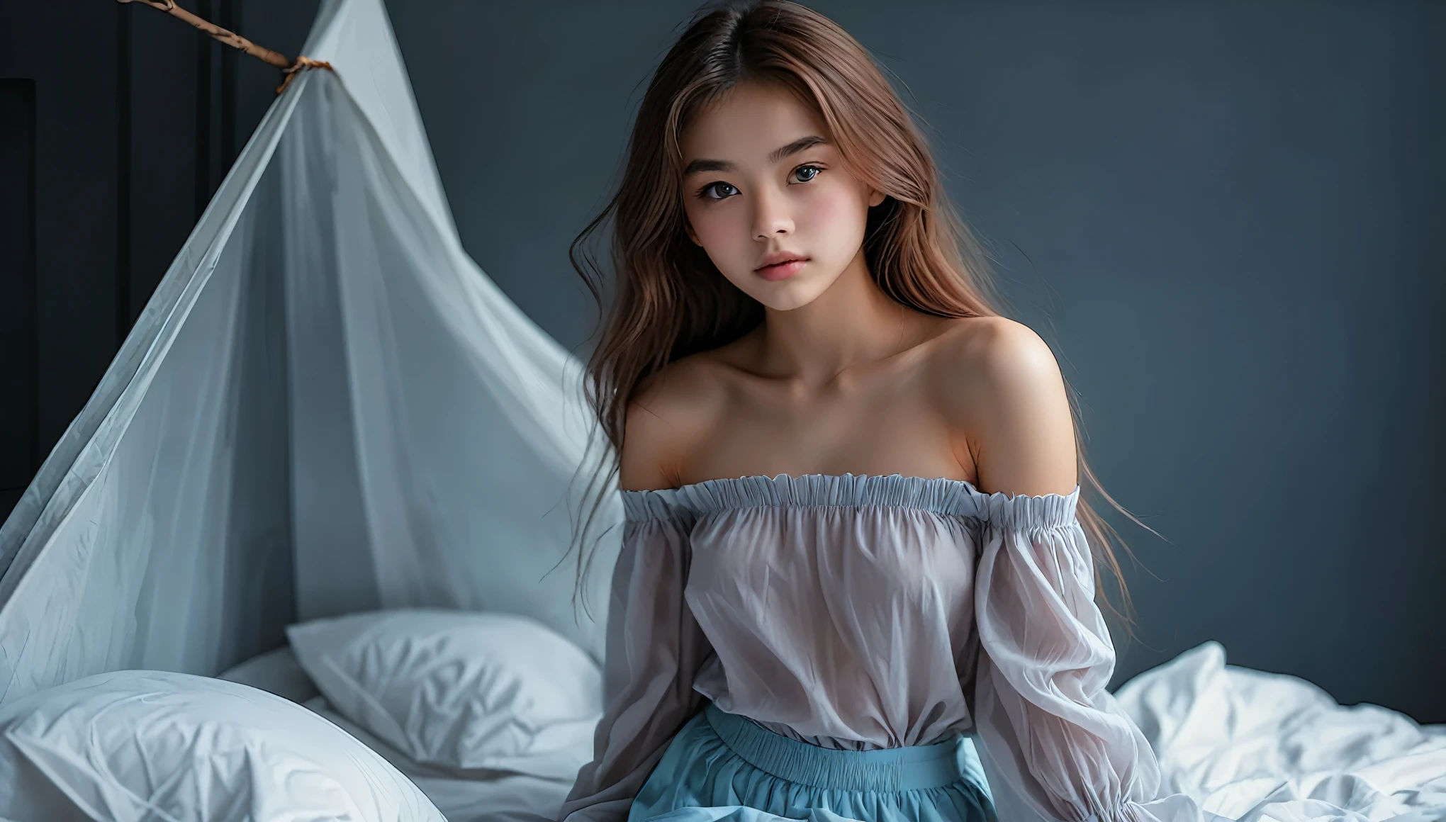 Top Quality, Masterpiece, High Resolution, 8k, wide objective, full body shot, ((skinny cute girl, barely legal, age 14, (oversized silky see-through blouse with plunging Neckline, off-shoulder, short sleeves), mediumperky breasts, extremely detailed face, detailed eyes, thin eyebrow, detailed lips, no makeup, long slick ponytail side shaved hair, small hips, (in a spaceship, on a bed), dim light, dramatic and neon colors, futuristic setting, intricate details, at night, random pose, random neon colors))