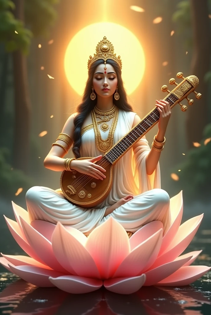 Goddess Saraswati mataji(wearing white clothes, holding a Veena in her hand, a crown on her head, sitting on a lotus flower, giving Asirvad from her right hand, bright light emanating from her body)