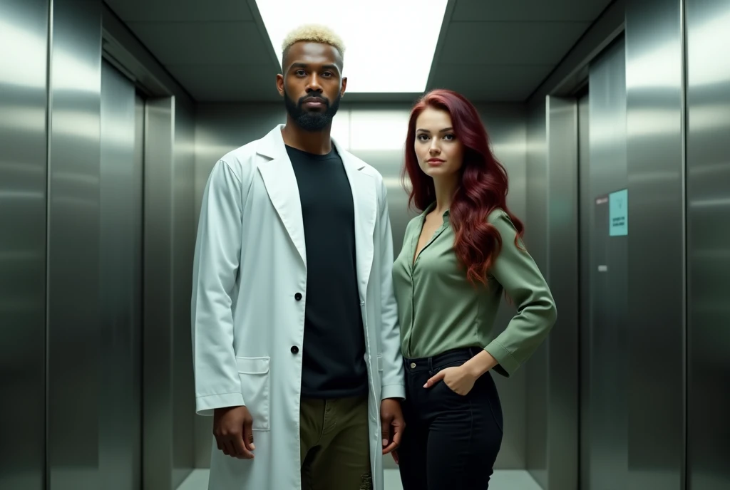 attractive Arab man (very tall:1.6), platinum blond wavy swept-back crew cut, dark skin, long black stubble, white lab coat, black t-shirt, black cargo pants, black boots, standing inside elevator next to a very short young Caucasian woman, vibrant maroon side-parted long wavy layered hair, soft green silk work blouse, low-rise black pants and black boots, hip shot, cinematic