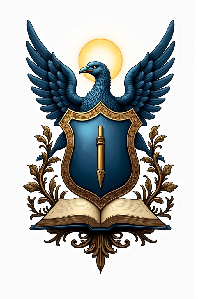 Could you design a logo that features a shield as the main element? I would like the shield to be accompanied by a pen and a book to symbolize writing and literature. Additionally, please incorporate an angel to represent guidance and inspiration. The overall design should reflect the theme of English literature, capturing its essence and tradition. If possible, please use [insert preferred colors or style] to align with the vision."