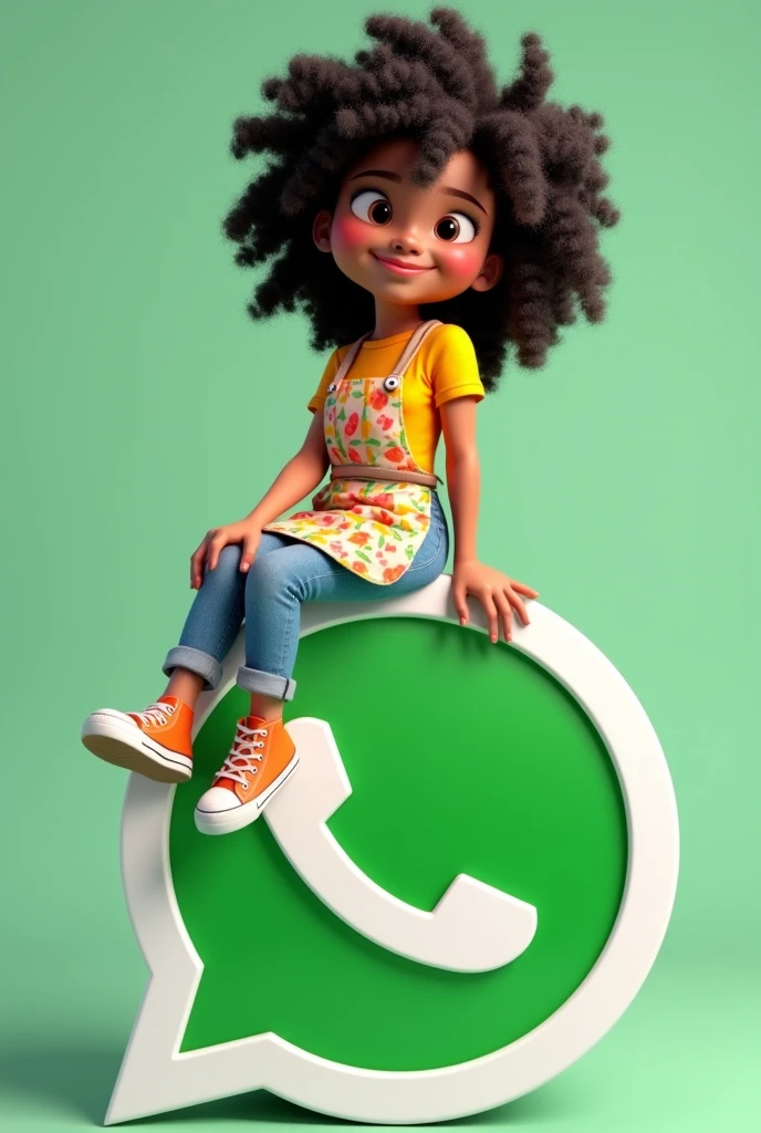 Imagine Create a 3D illustration of an animated female character casually sitting on top of a social media logo "whatsapp". The character should be wearing a shirt and a cleaning apron, curly black hair ,Light Morana skin color, dark brown eyes and holding an iPhone. The background of the image is a social media profile page with the username "Christiane Limpclean" and a profile photo + correspondent
