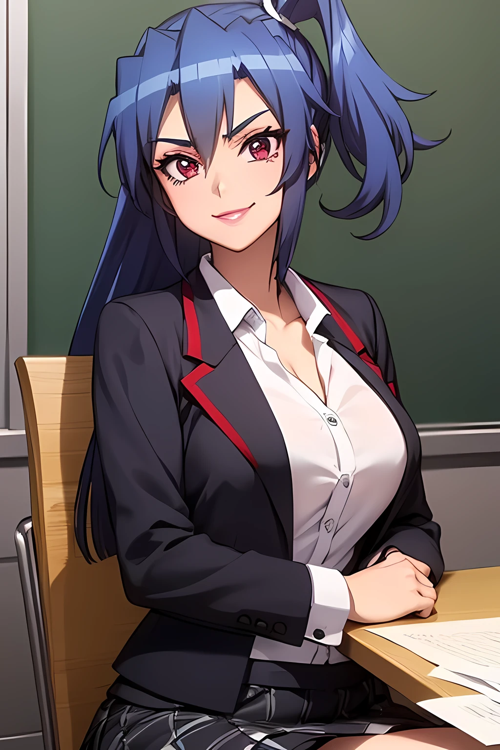 1 person,Kazanari Tsubasa, Mature Woman,Blue Hair, Long Hair, bangs, eye shadow, Low Ponytail, lipstick, Compensate, Detailed face, Red eyes,Big Breasts, Black jacket, White shirt, teacher,Suit skirt,office,smile,Sitting,On the table,