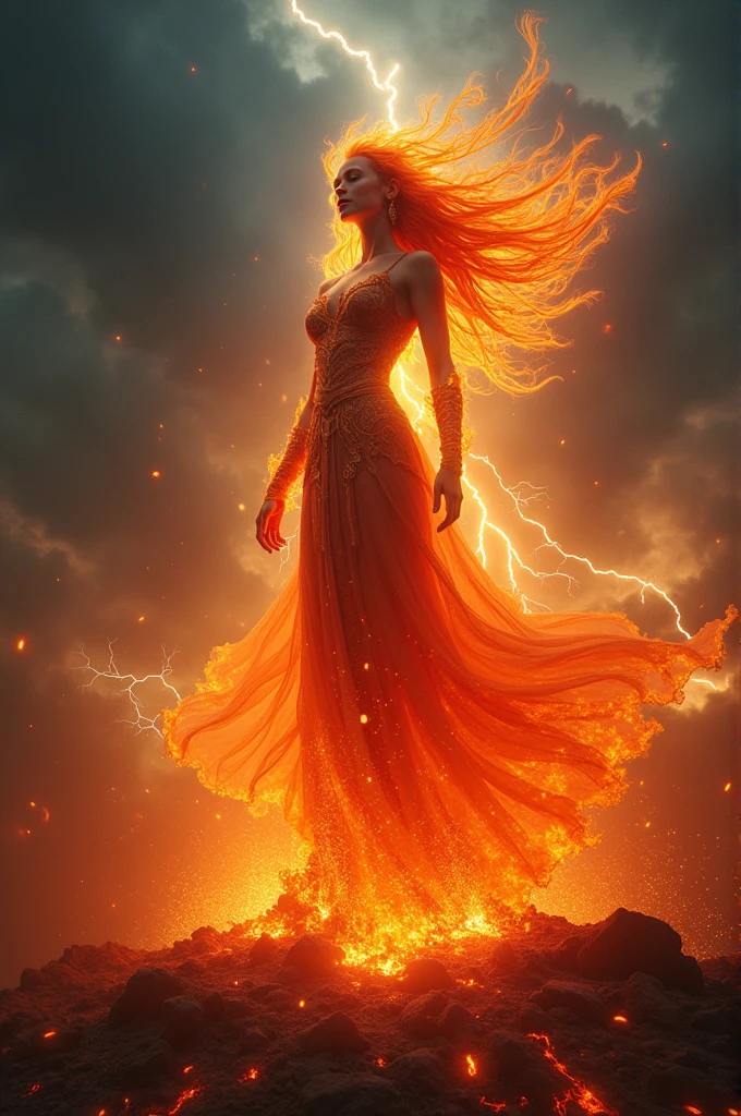 a sorceress of fire making fire dance in a the (storm of rain: 1.3), a most exquisite beautiful sorceress, controlling fire manipulating fire, a woman, dynamic hair color, dynamic hair style, wet hair, wet face, dynamic eyes color, full body shot, wearing dress made of fire, wearing intricate high heels, light make up, dancing in courtyard of a fantasy castle, ((heavy rain drops: 1.1)), clouds in the sky,  (anatomically correct: 1.4), (full body shot: 1.1) , vibrant, Ultra-high resolution, High Contrast, (masterpiece:1.5), highest quality, Best aesthetics), best details, best quality, highres, ultra wide angle, 16k, [ultra detailed], masterpiece, best quality, (extremely detailed),  firecd_xl, phoenix dress, fireMagicAI