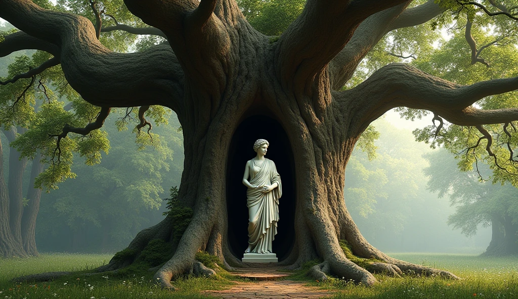A large tree with a Greek statue inside it. The statue is full body and only the face and raised arms are visible.