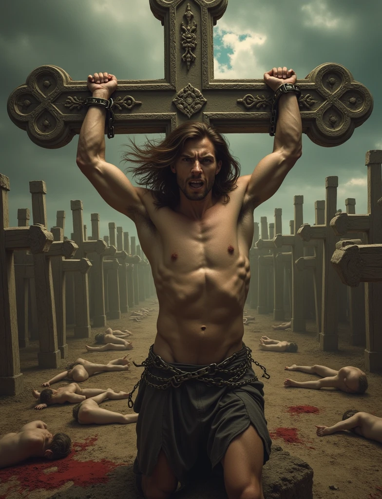 fallen angel chained in a cross, but only in torso and the hands and behing the cross; front view, face full of rage and looking to us with bright eyes; beautiful man; caravaggio oil painting; realism; mid lenght hair; background with a lot of detail; inferior half body destroyed with legs destroyed; and blood; show hands becomings into fangs, and arms downs; the cross in stone with some ornament; show bull body and a bigger backgroun with a lot of cross's in land; the body in the cross some meters above the land; depressed
