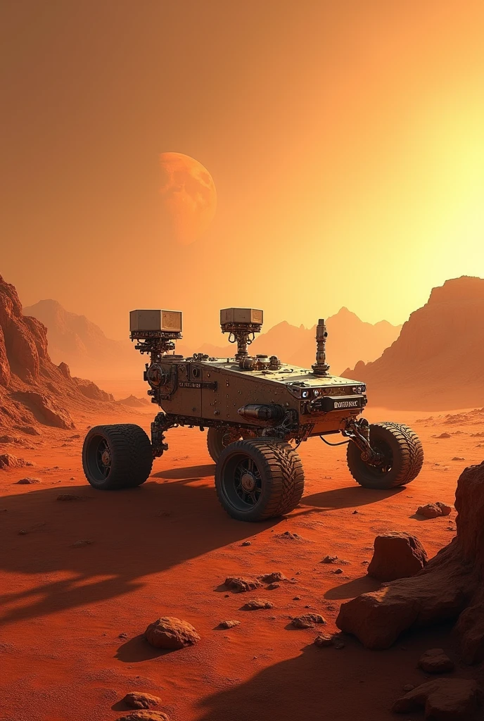 Imagine a Renaissance-style painting featuring a Mars rover as the central subject. The rover is placed in a Martian landscape, with the vast, desolate terrain stretching out under a warm, glowing sky. The use of chiaroscuro highlights the rover's metallic structure, casting dramatic shadows across the dusty Martian surface. The color palette is rich and warm, with deep reds, oranges, and golden hues dominating the scene. The rover is depicted with intricate details, almost as if it were a piece of ancient technology, blending the futuristic with the classical. The background features distant Martian mountains, softly illuminated by the low light, adding depth to the composition. The overall mood is one of exploration