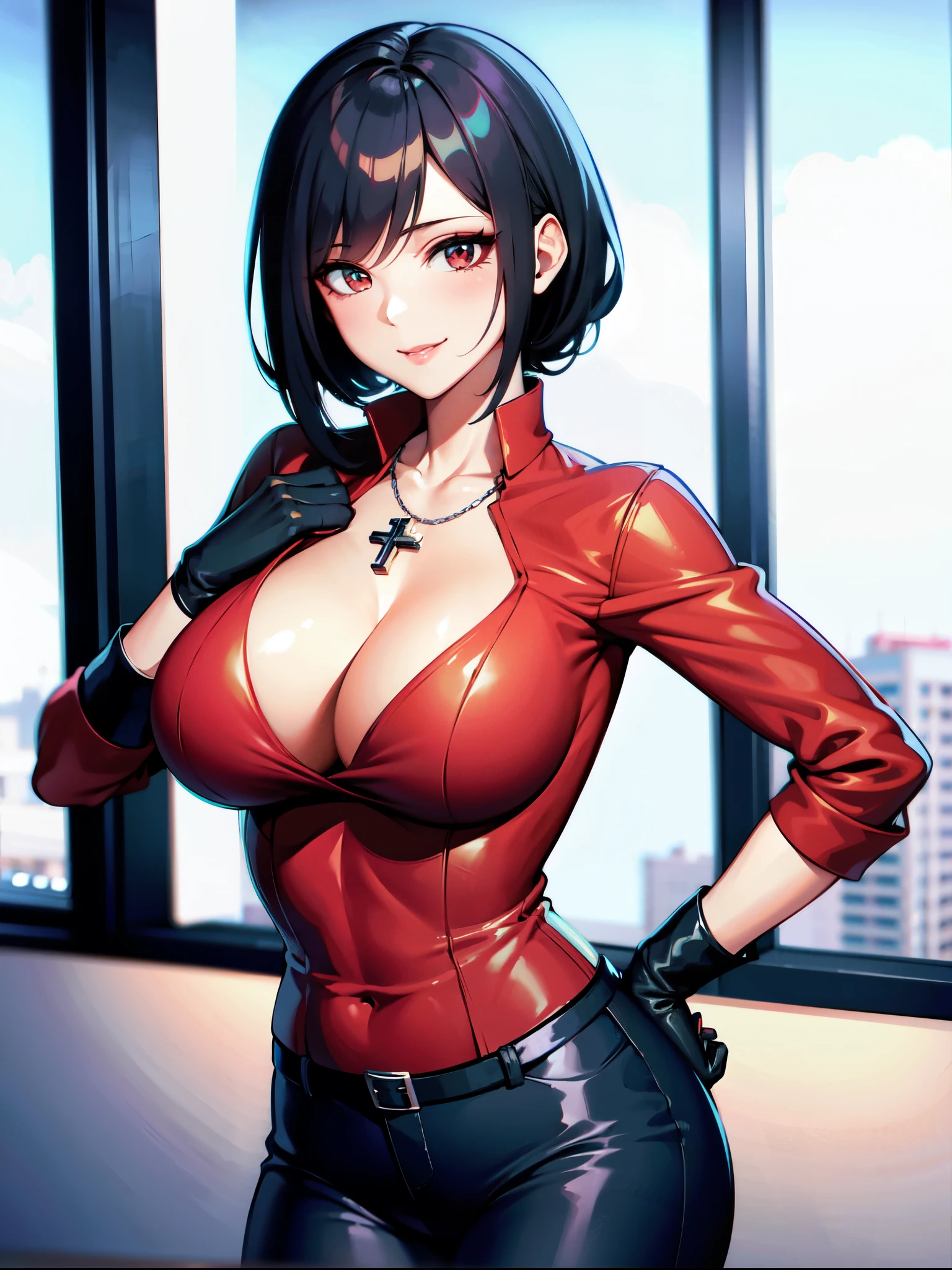 ((super high quality,Ultra-high resolution,4K,8k,super masterpiece,Ultra HD))By the window in the morning sun, ((A sexy mature woman,)),((popped collar Red shirts,(Sleeves folded back to the elbow,(Black long gloves)),Black pants with a glossy finish,Black long boots),Tight collar,)Black hair straight short,Sharp Eyes,Open chest,Cleavage,slouch,Place one hand on hip,Provocative smile,Necklace with a cross,sexy,