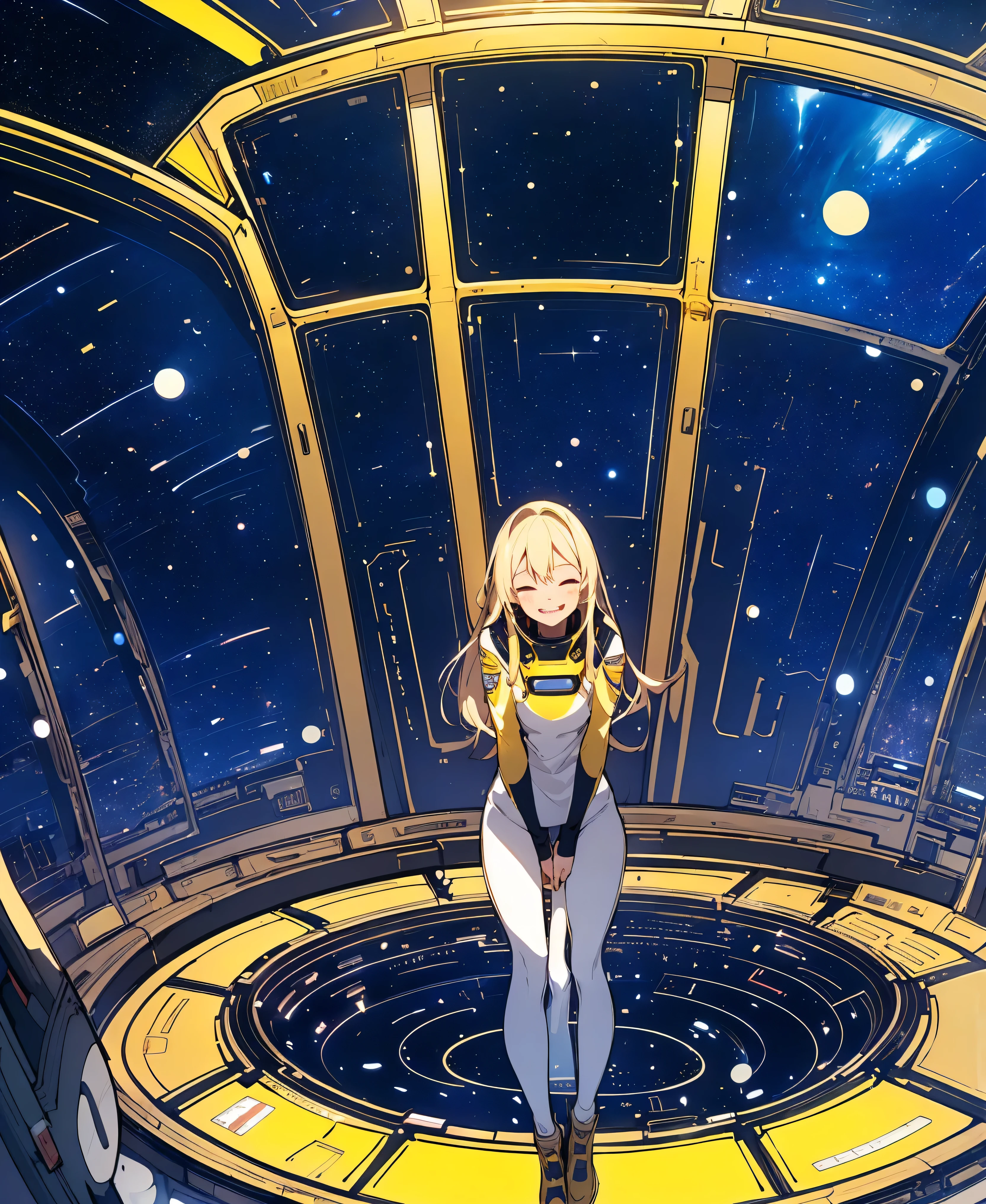 (masterpiece, Highest quality:1.2), (Cowboy Shot:1.1), alone, 1 person, mori yuki, smile, Mouth closed, Side view, Looking at the audience, Blonde, Long Hair, Thigh Gap, Yellow bodysuit, Perfect for your skin, Perfect body, Large windows, (Spaceship porthole:1.3), (Spread your legs:1.3), (Are standing:1.1), Thigh Gap,  stop temporarily, Side view, Perfect hands, The bright interior of a spaceship, (Space View:1.1), (Orbital View:1.3), (night, Starry Sky:1.5), milky way