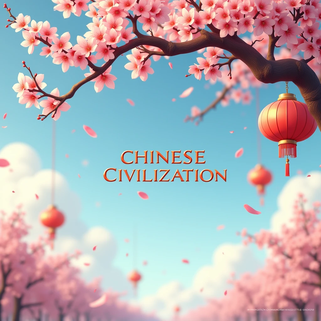 animated image with a large title "CHINESE CIVILIZATION" hanging from a cherry blossom branch and Chinese lanterns