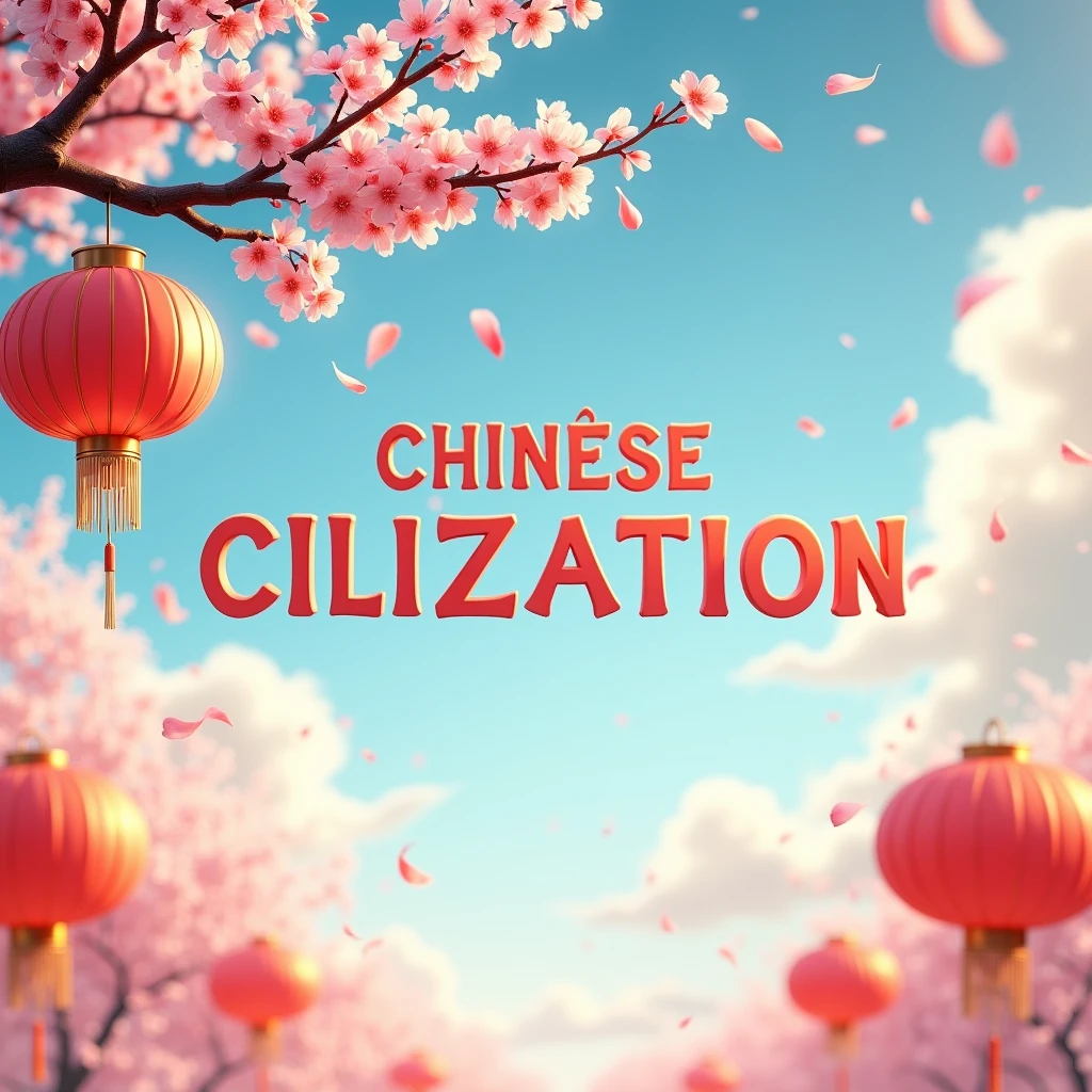 animated image with a large title "CHINESE CIVILIZATION" hanging from a cherry blossom branch and Chinese lanterns