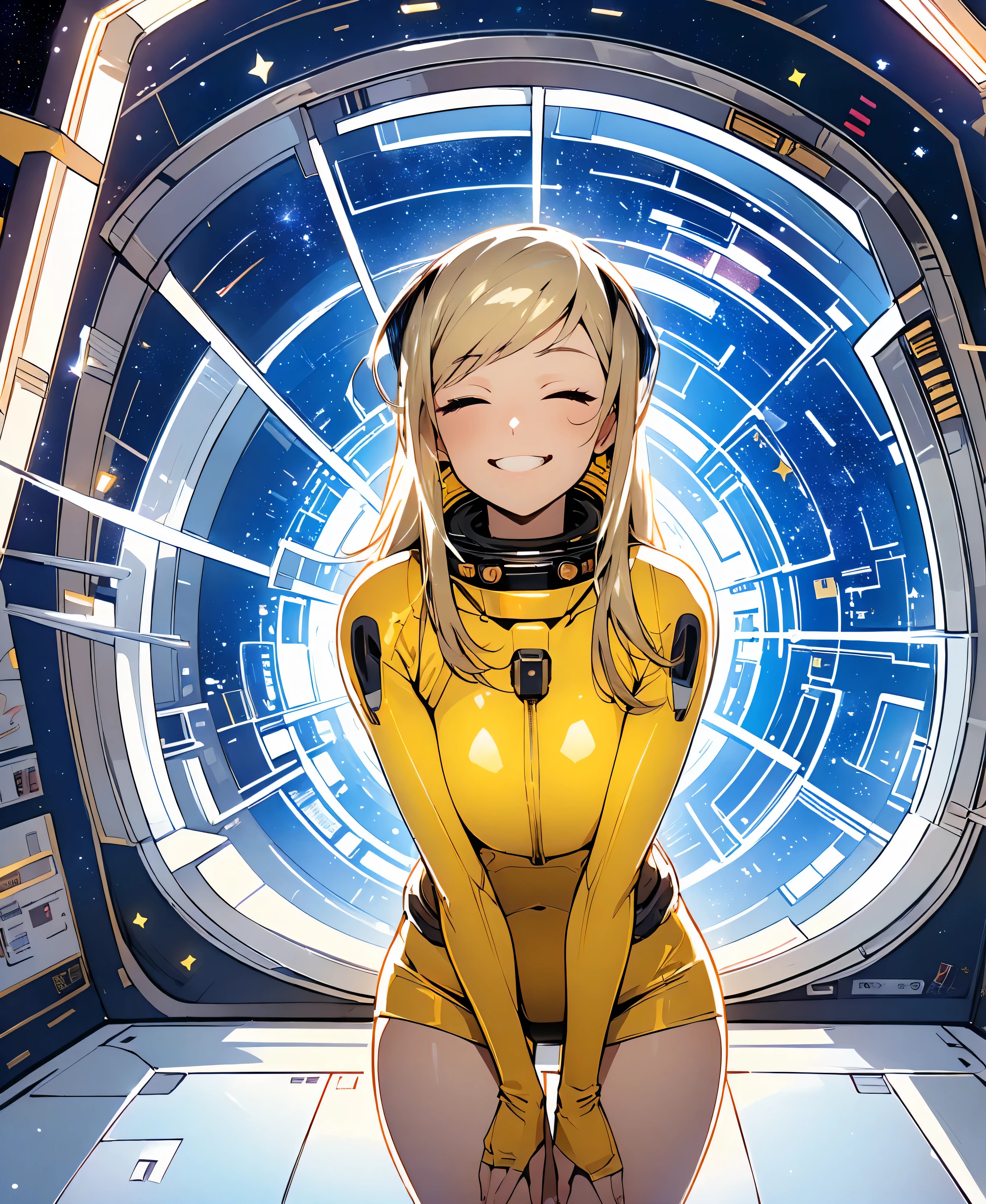 (masterpiece, Highest quality:1.2), (Cowboy Shot:1.1), alone, 1 person, mori yuki, smile, Mouth closed, Side view, Looking at the audience, Blonde, Long Hair, Thigh Gap, Yellow bodysuit, Perfect for your skin, Perfect body, Large windows, (Spaceship porthole:1.3), (Spread your legs:1.3), (Are standing:1.1), Thigh Gap, stop temporarily, Side view, Perfect hands, The bright interior of a spaceship, (Space View:1.1), (Orbital View:1.3), (night, Starry Sky:1.5), milky way