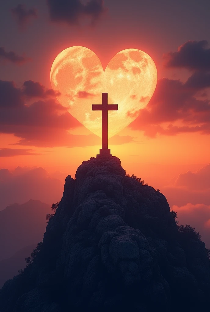A cross atop a mount, in the background a sunset, a reflection of a giant heart in the sky, beneath the cross dense shadows .