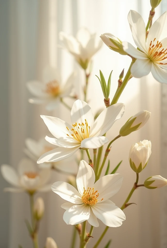 Studio style background with aesthetic white floral details,  cinematic lighting, volumetric lighting, irene rudnyk style