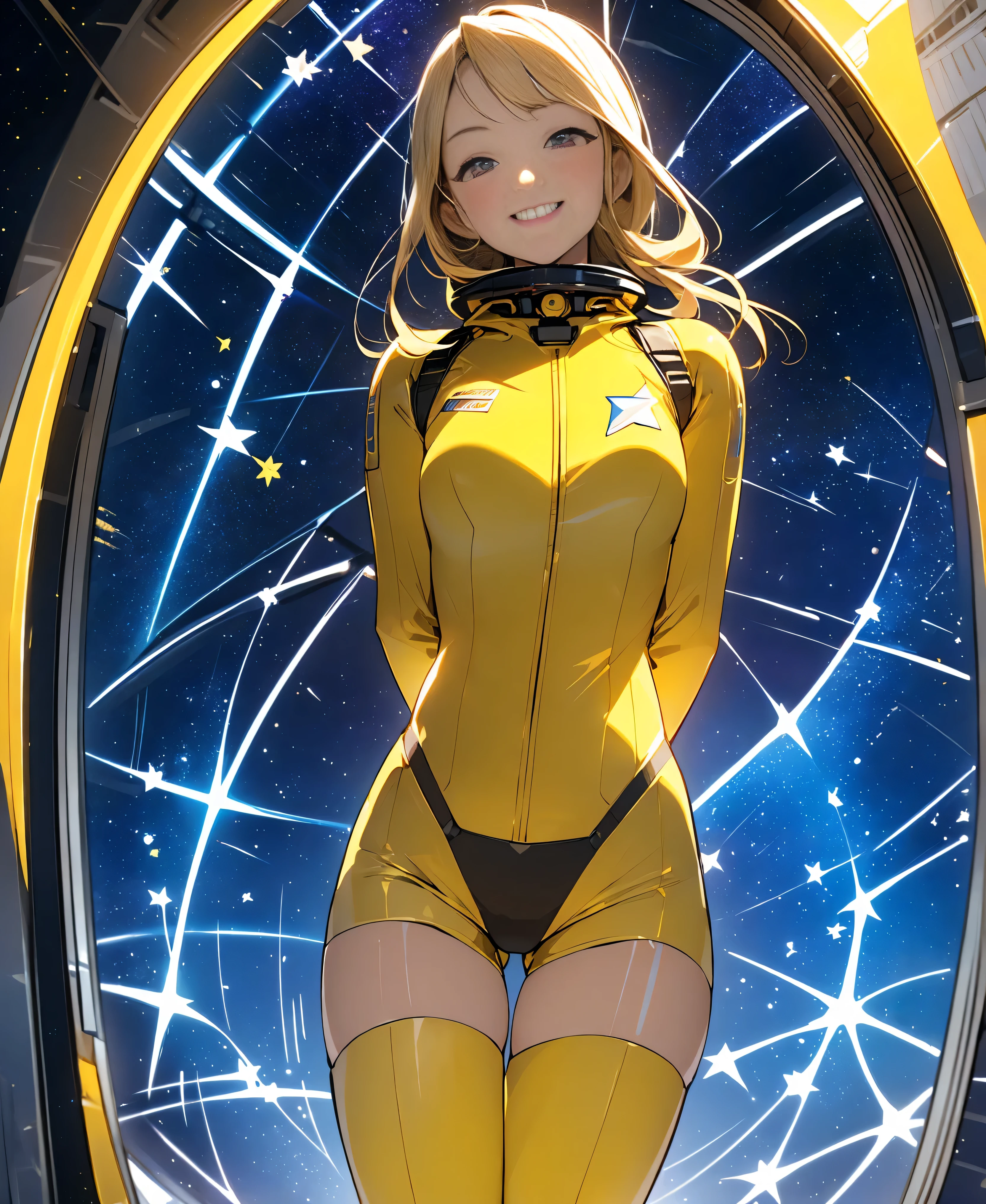 (masterpiece, Highest quality:1.2), (Cowboy Shot:1.1), alone, 1 person, mori yuki, smile, Mouth closed, Side view, Looking at the audience, Blonde, Long Hair, Thigh Gap, Yellow bodysuit, Perfect for your skin, Perfect body, Large windows, (Spaceship porthole:1.3), (Spread your legs:1.3), (Are standing:1.1), Thigh Gap, stop temporarily, Side view, Perfect hands, The bright interior of a spaceship, (Space View:1.1), (Orbital View:1.3), (night, Starry Sky:1.5), milky way