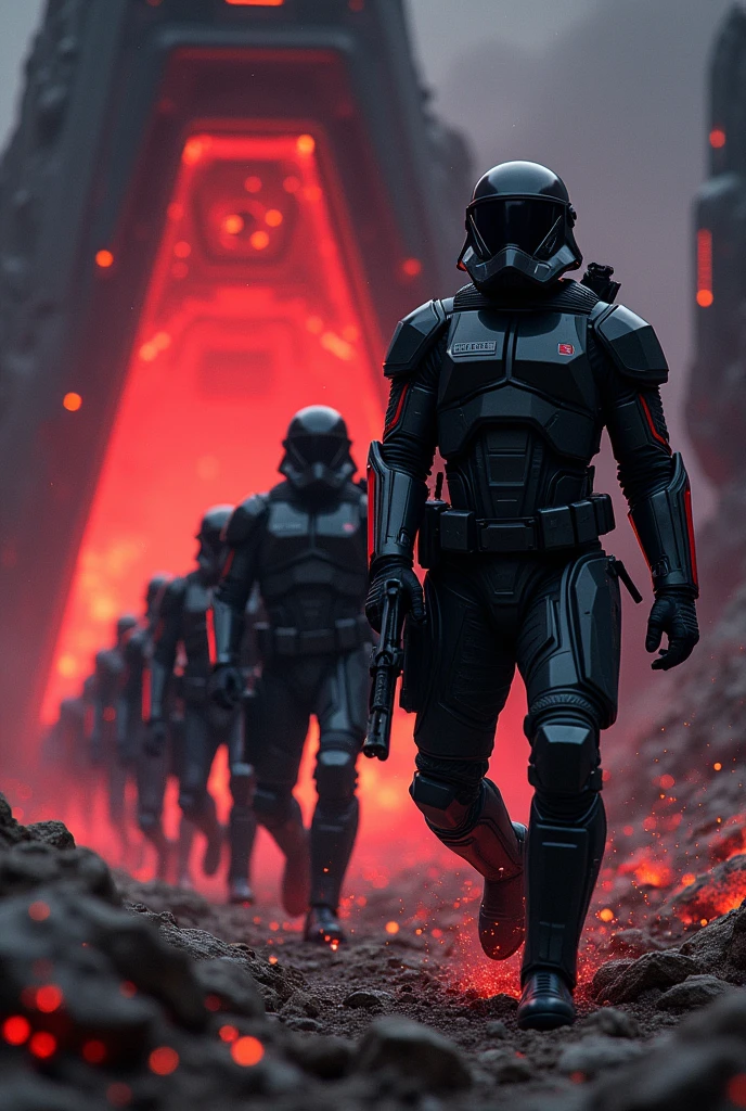 Army dressed in black and red black helmet coming out of a spaceship