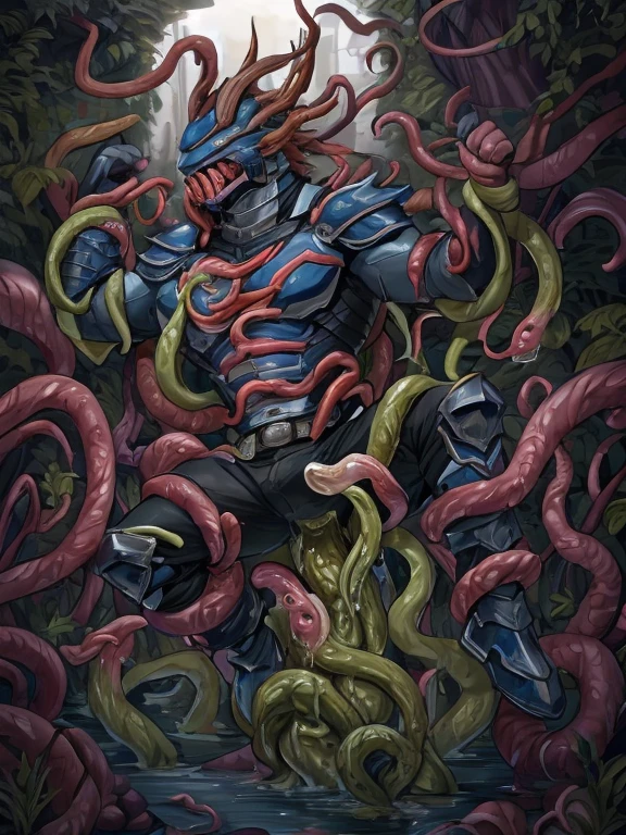 Superhero, hero, strong and robust male, Armor, Tentacle entanglement, uniform, Binding hands togethe, Foreign object invasion, monster breeding, wet, slime, tentacles, slimy tentacles, monster and human breeding, Tentacles wrapped around the body, Insert tentacles into the body, Blocked mouth by tentacles, Both hands are bound, The reproductive organs are covered in tentacles, The chest was torn apart by tentacles, Tentacles penetrate deep into clothes, Wearing pants completely, Complete wearing of trousers,  Complete wearing of trousers, Do not expose the reproductive organs