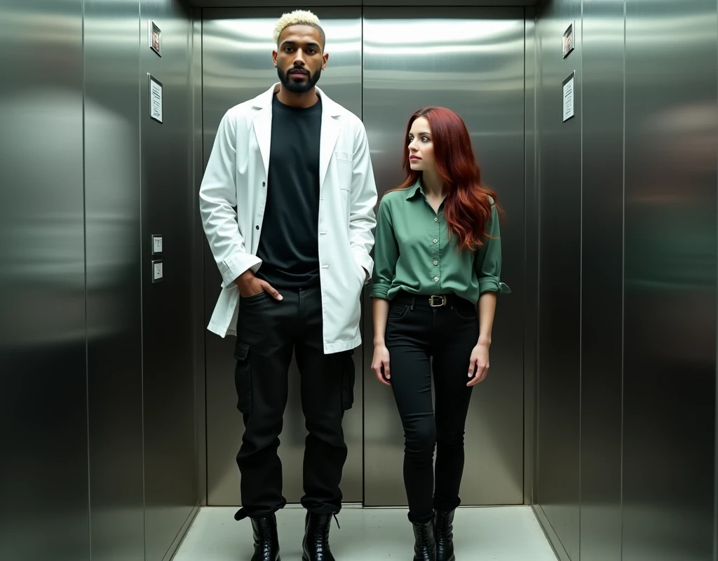 attractive Arab man (very tall:1.6), platinum blond wavy swept-back crew cut, dark skin, long black stubble, white lab coat, black t-shirt, black cargo pants, black boots, standing inside elevator to the side of  to a very short young Caucasian woman, vibrant maroon side-parted long wavy layered hair, soft green silk work blouse, low-rise black pants and black boots, hip shot, cinematic