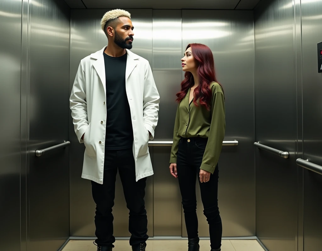 attractive Arab man (very tall:1.6), platinum blond wavy swept-back crew cut, dark skin, long black stubble, white lab coat, black t-shirt, black cargo pants, black boots, standing inside elevator to the side of  to a very short young Caucasian woman, vibrant maroon side-parted long wavy layered hair, soft green silk work blouse, low-rise black pants and black boots, hip shot, cinematic