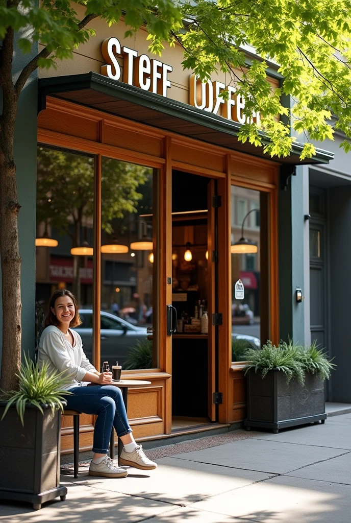 TAKE A PICTURE OF ME FROM THE OUTSIDE OF A COFFEE SHOP THAT HAS THE NAME STEFF COFFE THAT IS REALISTIC